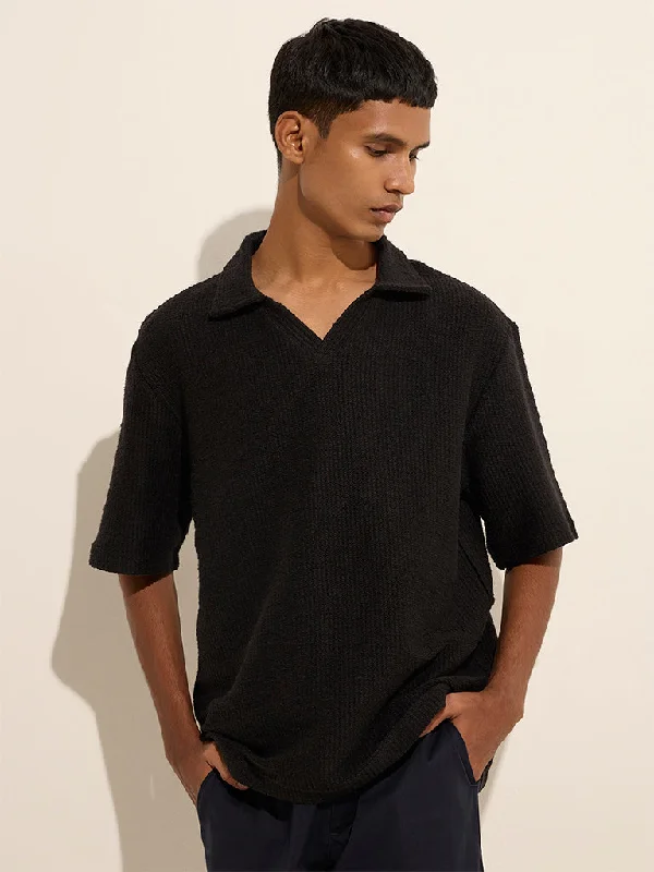 ETA Black Knit-Textured Relaxed-Fit Cotton Polo T-Shirt