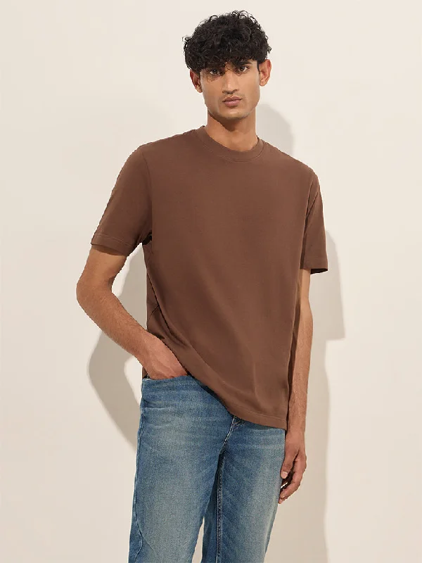 WES Casuals Brown Solid Slim-Fit Cotton T-Shirt