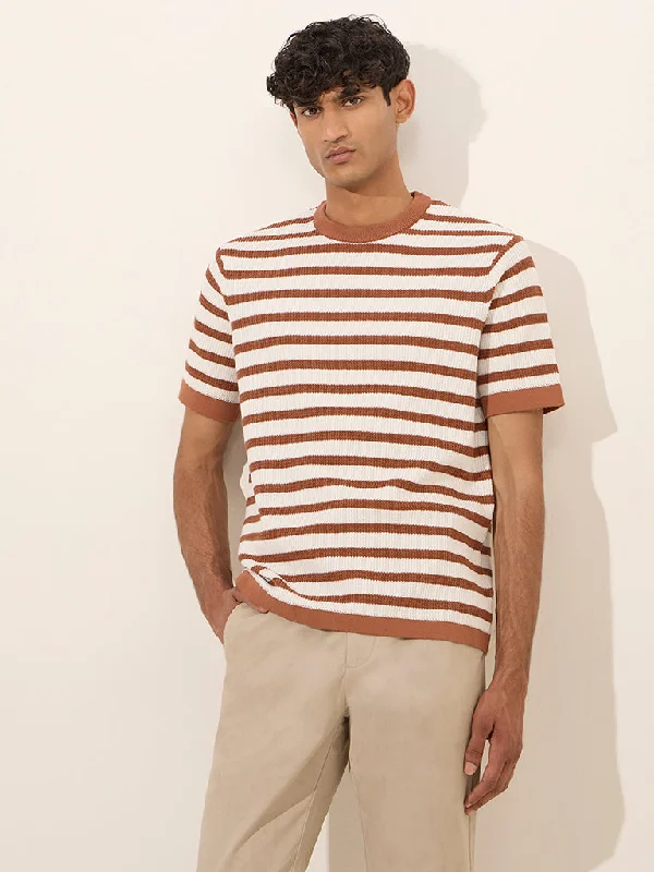 Ascot Rust Striped and Knitted Relaxed-Fit Cotton-Blend T-Shirt