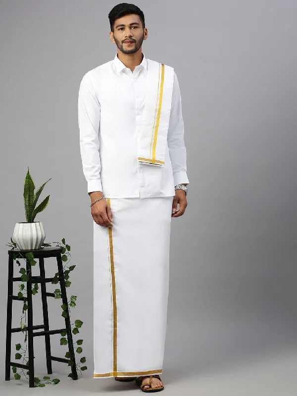 Men White with 1/2" inch Gold Jari Border Dhoti Shirting & Towel Set