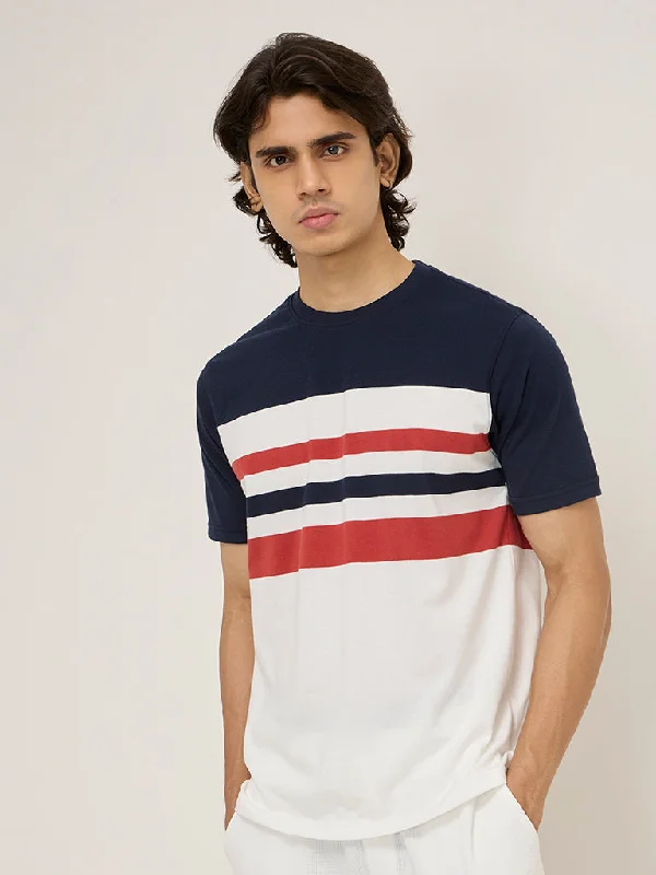 WES Lounge Navy Stripe Printed Relaxed-Fit Cotton-Blend T-Shirt