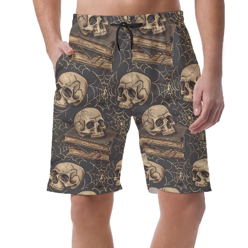 Men's Brown Skulls Webs on Books Casual Shorts