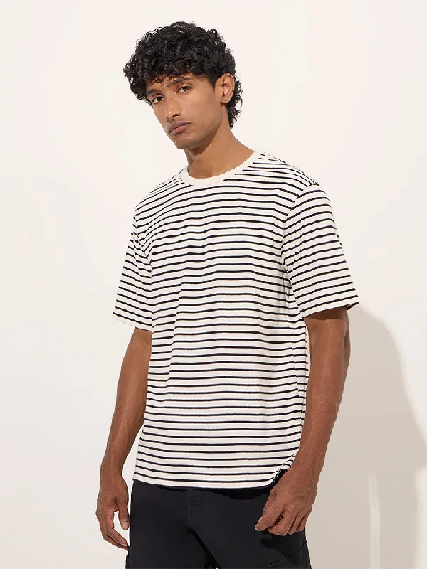 WES Casuals White Striped Relaxed-Fit Cotton T-Shirt