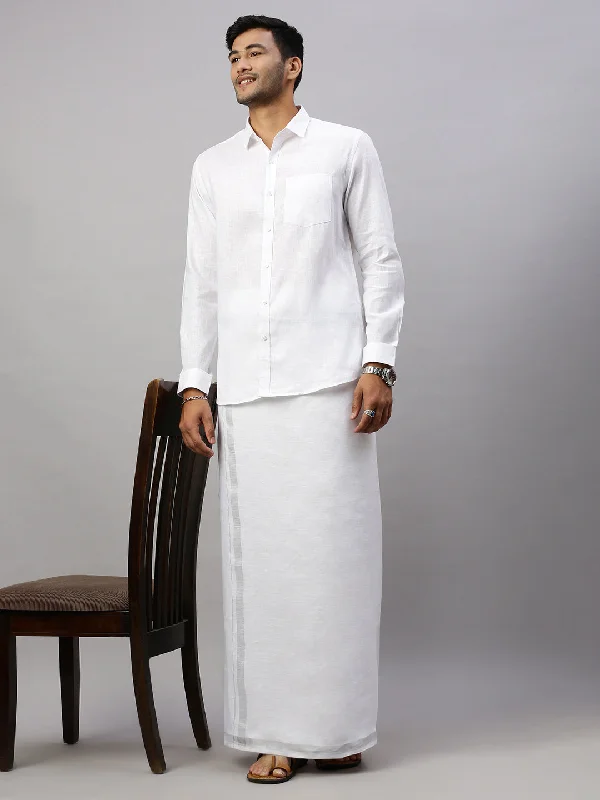 Men Pure Linen White Shirt with Double Layer Dhoti Combo 5445