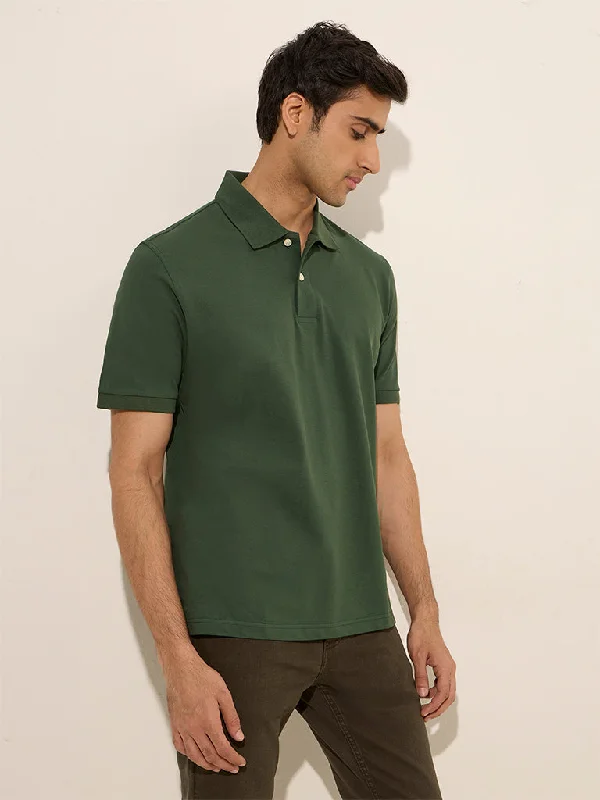 WES Casuals Dark Green Relaxed-Fit Cotton-Blend Polo T-Shirt