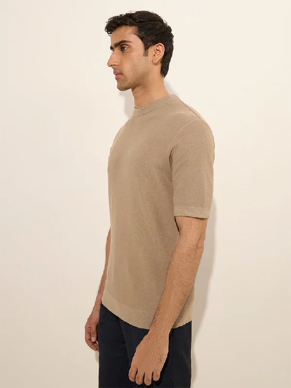 WES Formals Beige Knit-Textured Slim-Fit T-Shirt