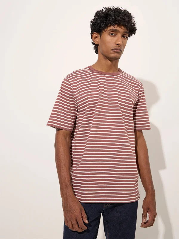 WES Casuals Brown Stripe Printed Relaxed-Fit Cotton T-Shirt