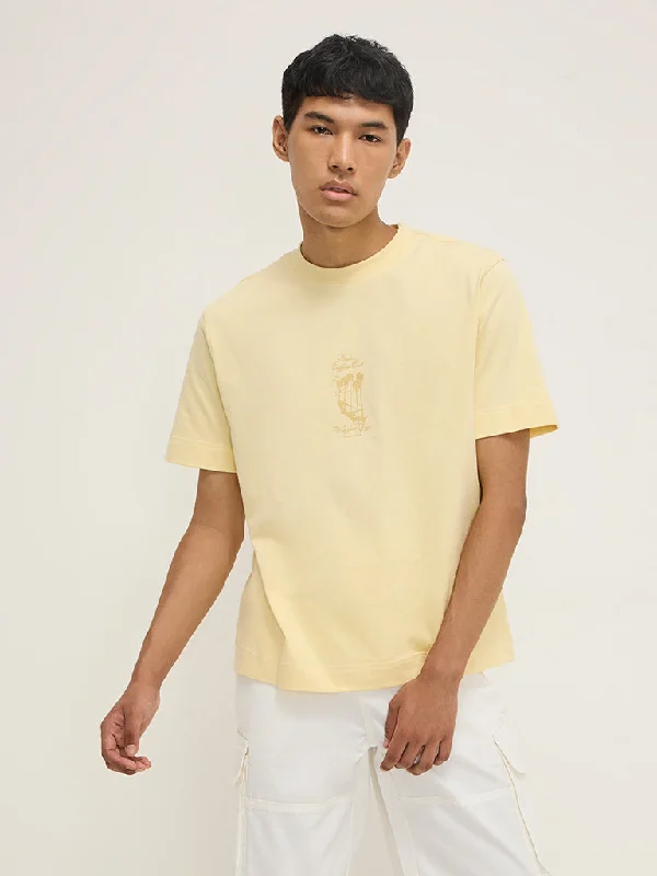 Nuon Yellow Printed Relaxed-Fit Cotton T-Shirt