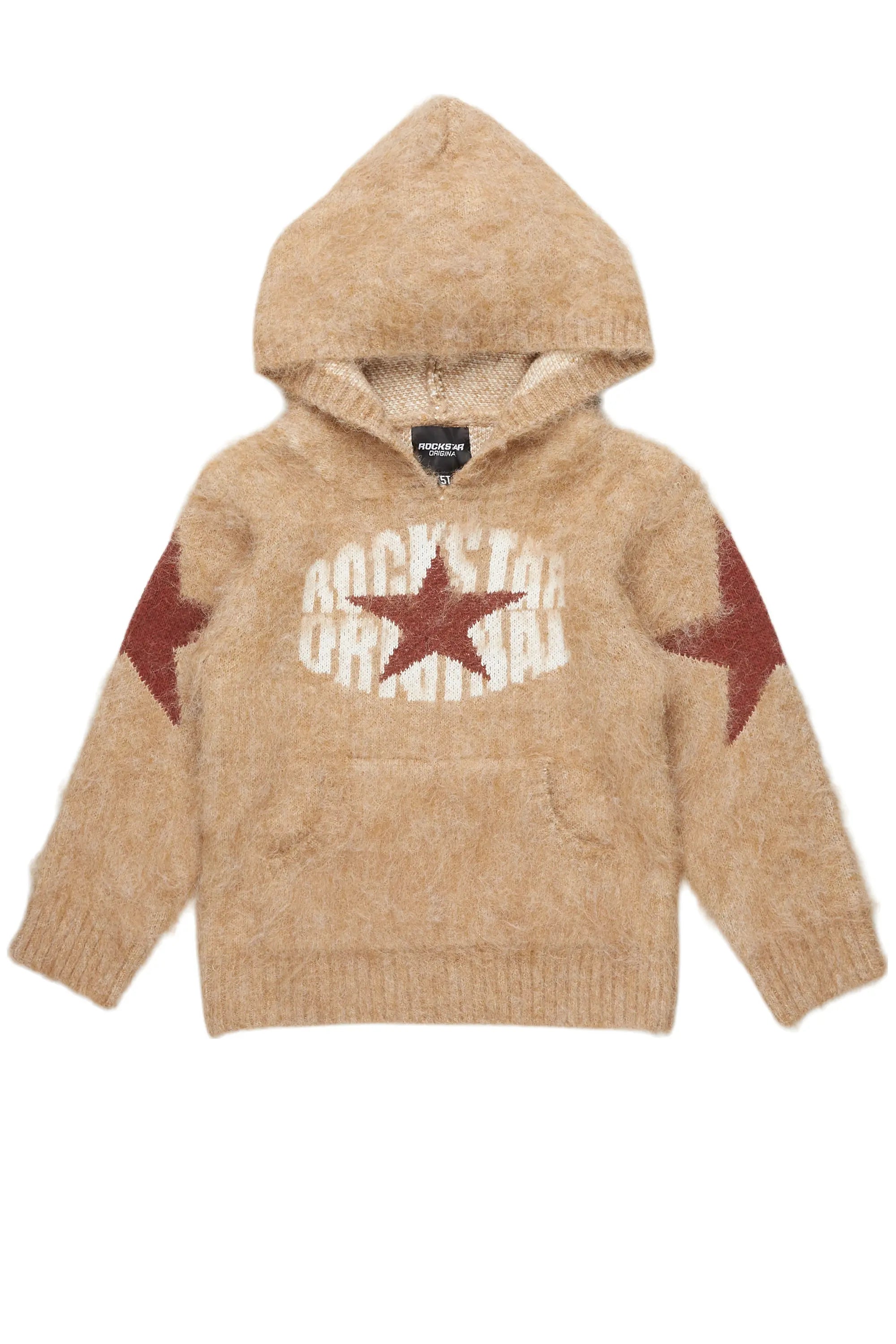 Girls States Brown Graphic Knitted Mohair Hoodies