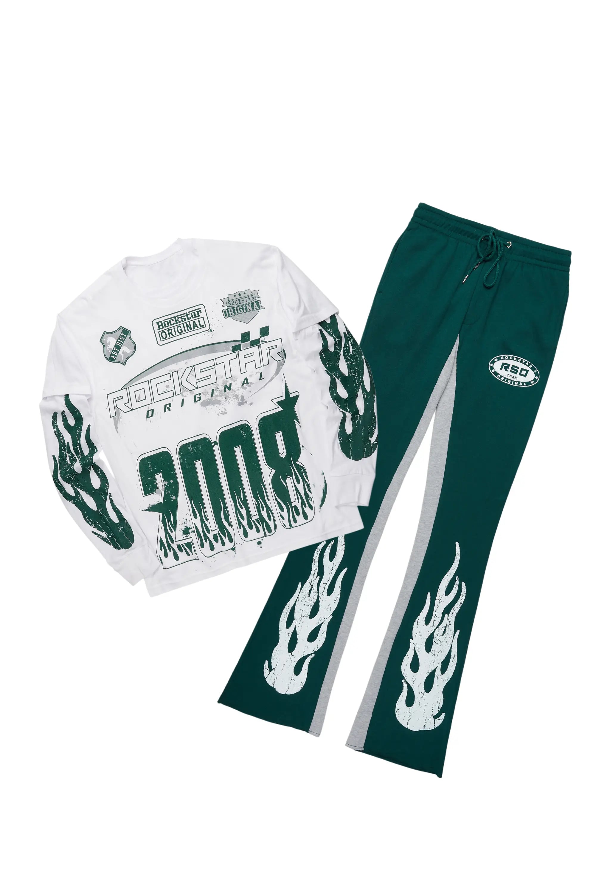 Amos White/Green Double Layer T-Shirt/Stacked Baggy Pant Set