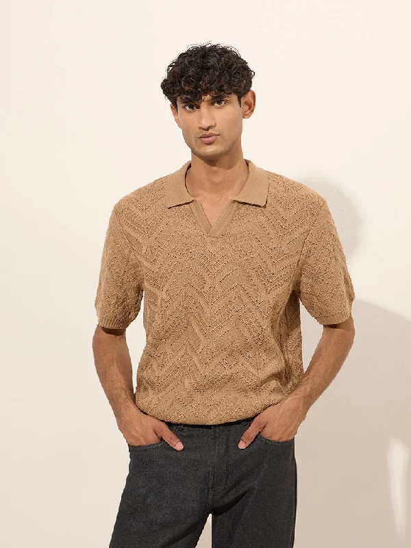 Ascot Taupe Textured Relaxed-Fit Cotton-Blend Polo T-Shirt