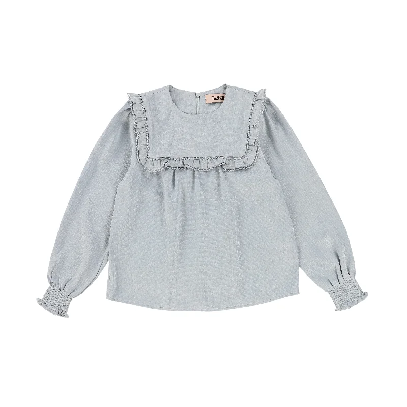 TUSTELLO BLUE PUFF SLEEVE RUFFLE TRIM TOP [Final Sale]