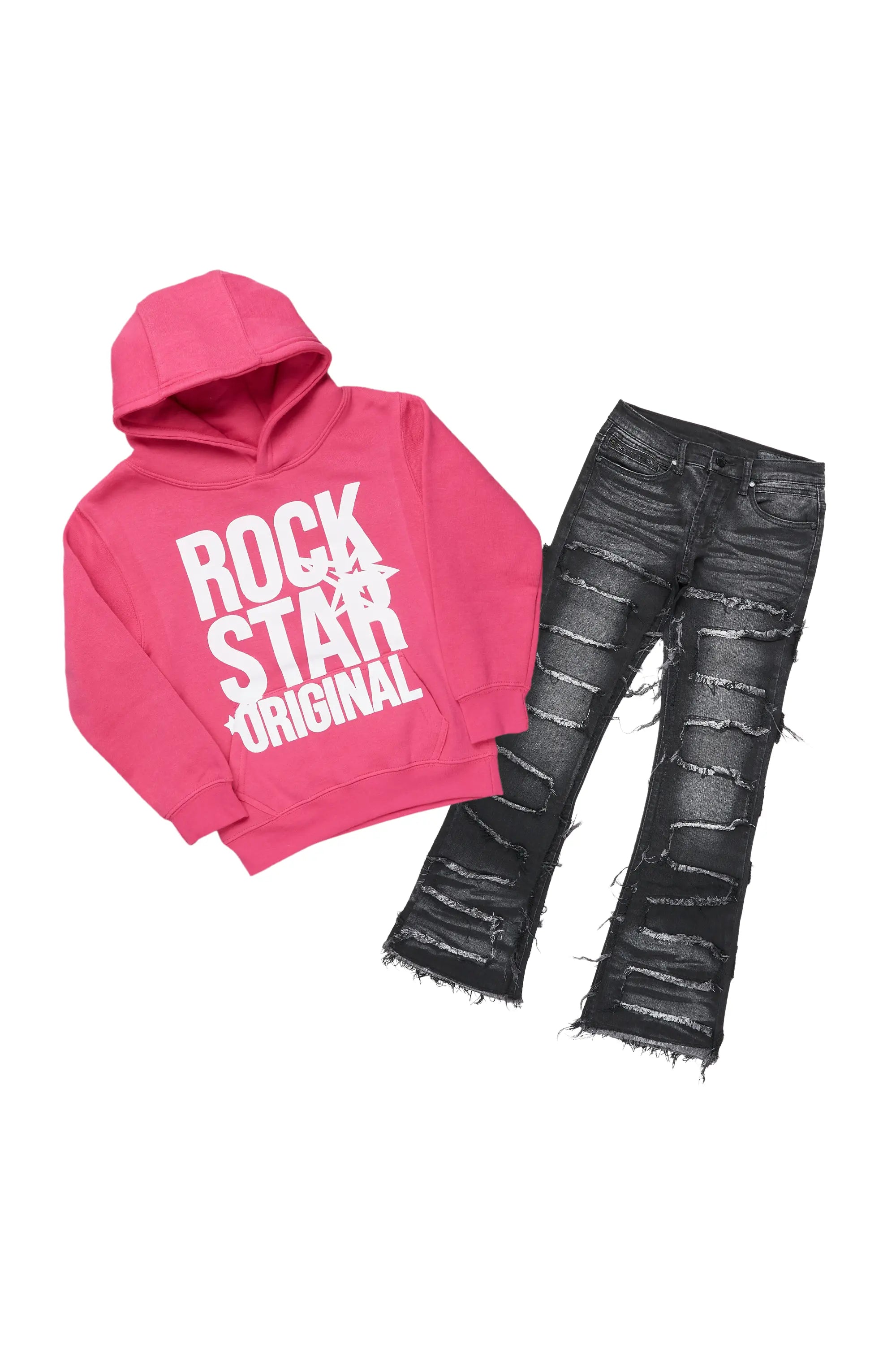 Girls Melanie Pink Hoodie/Stacked Flare Jean Set