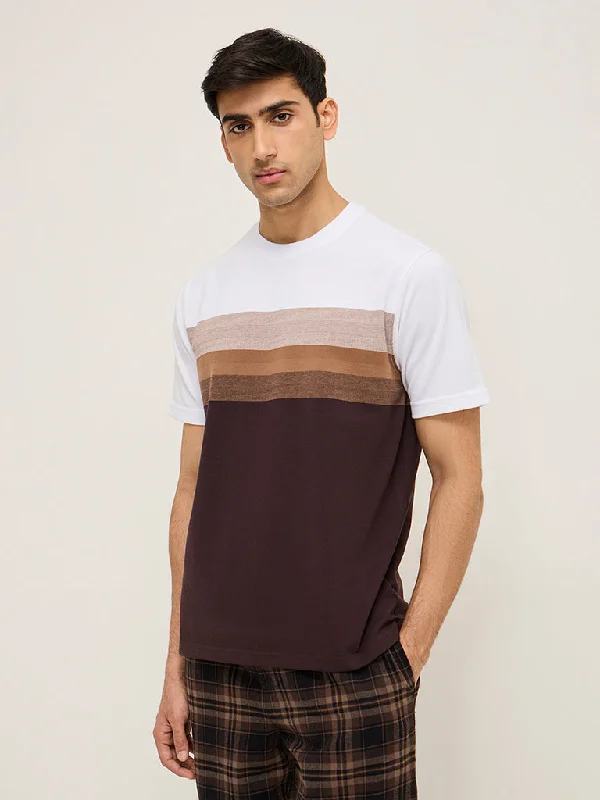 WES Lounge Brown Striped Relaxed-Fit Cotton-Blend T-Shirt