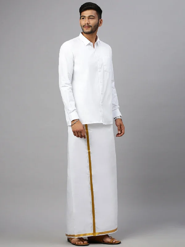 Men White Full Sleeves Shirt with 1'' inch Gold Jari Border Double Layer Dhoti Combo