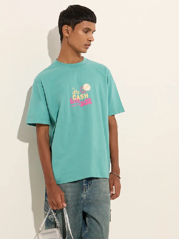 Nuon Teal Text Design Relaxed-Fit Cotton T-Shirt