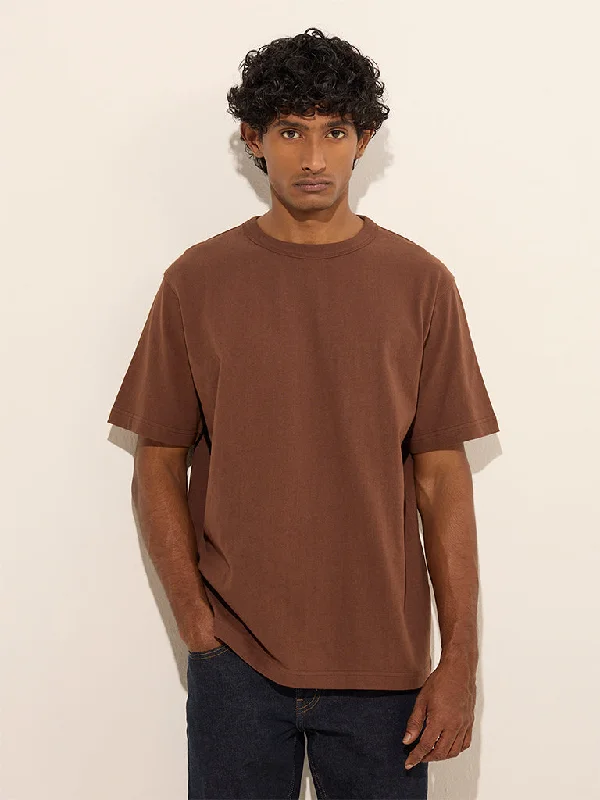 WES Casuals Brown Relaxed Fit Cotton T-Shirt