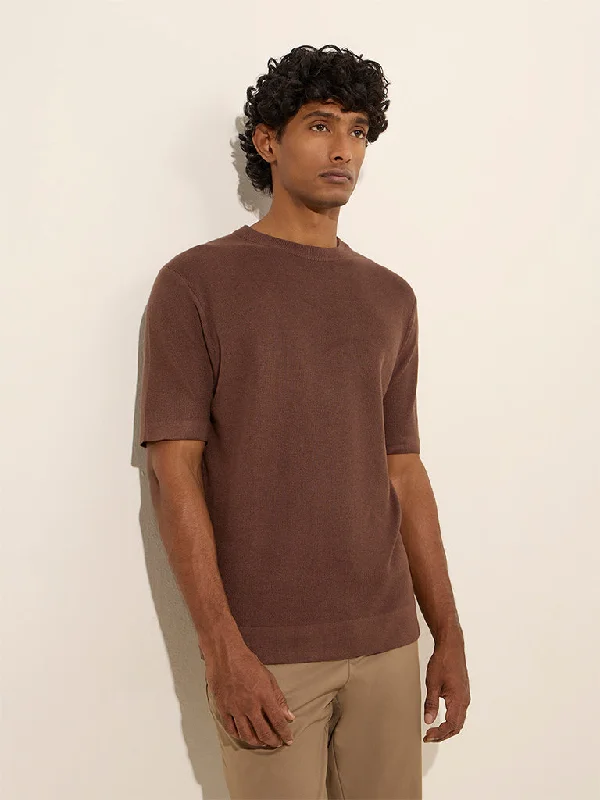 WES Formals Brown Knit-Textured Slim-Fit T-Shirt