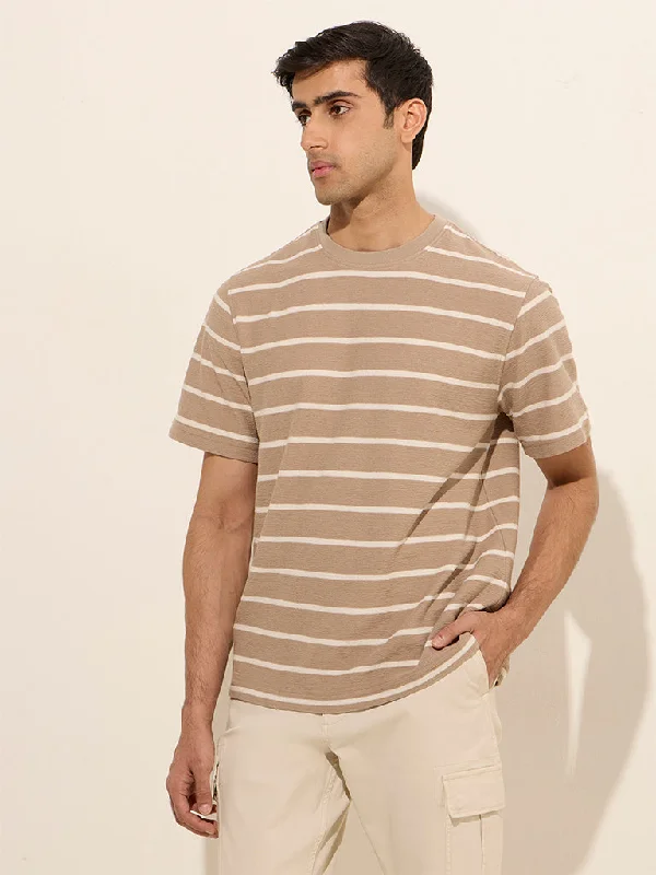 WES Casuals Beige Striped Relaxed-Fit Cotton T-Shirt