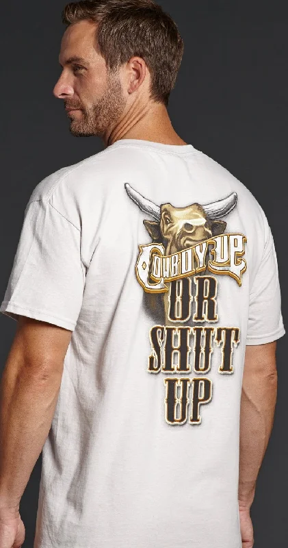 Cowboy Up Mens White Cotton S/S T-Shirt Bull Or Shut Up Vacation