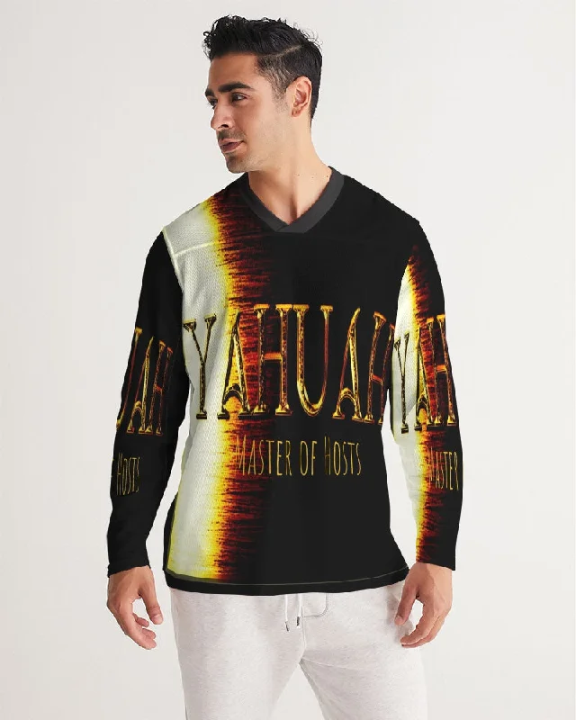 Yahuah-Master of Hosts 01-03 Men's Designer Long Sleeve V-neck Jersey T-shirt Unique Men's Upcycled